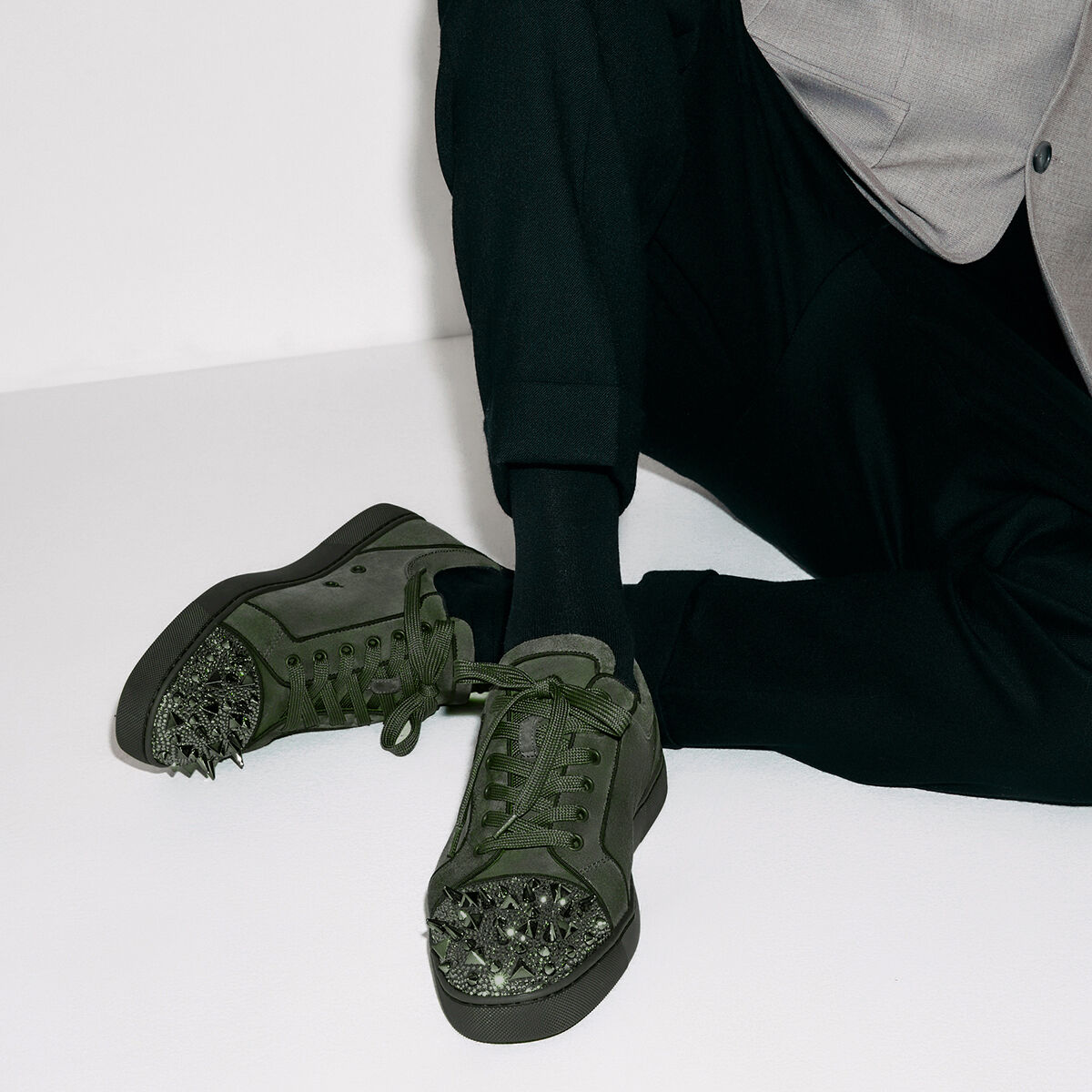 人気 ブランド チェック - Shoes - ヴーベロア（スエード） グリーン Strass Pik Pik P Junior Louis Men Louboutin  Christian - 靴