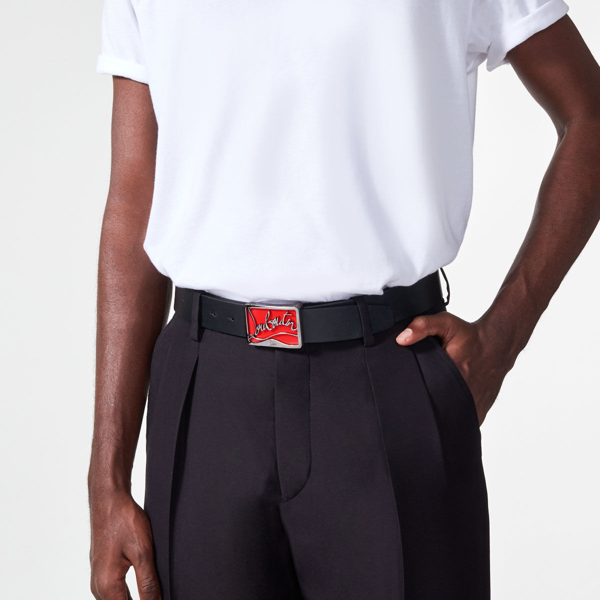RICKY BELT 35 BLACK/RED/BLACK GUNMETAL Classic Leather - Belts - Men - Christian  Louboutin
